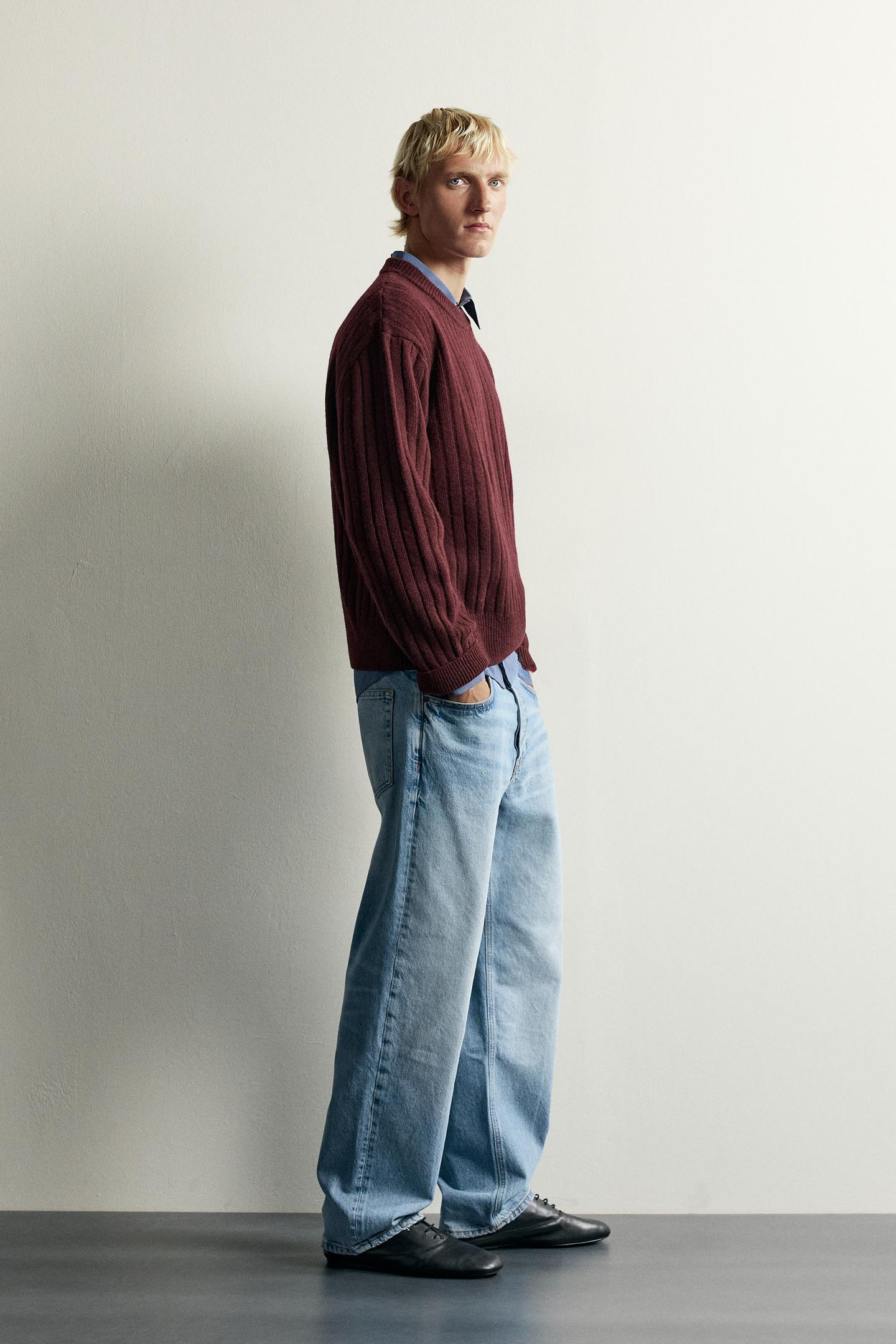 Мужской свитер Zara 100% Wool Ribbed, цвет: Бордовый — фото 4