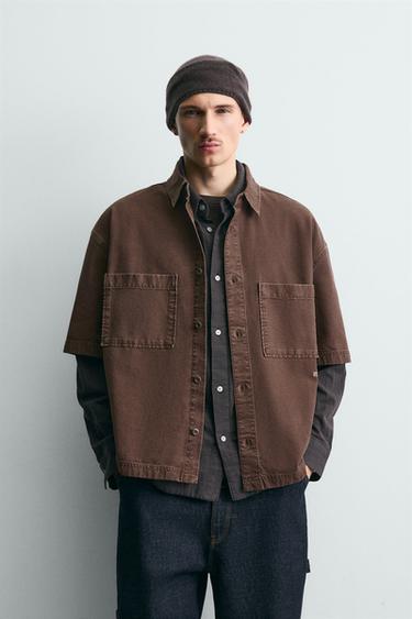 Zara TEXTURED SHIRT WITH POCKETS - Brown