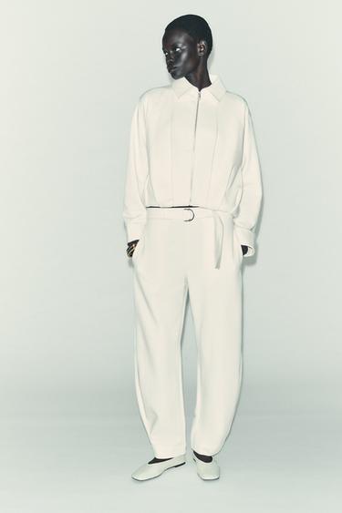 Zara PLEATED FLEECE BOMBER JACKET - Ecru