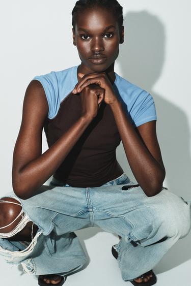 SHORT SLEEVE RAGLAN T-SHIRT - Brown-Blue by Zara