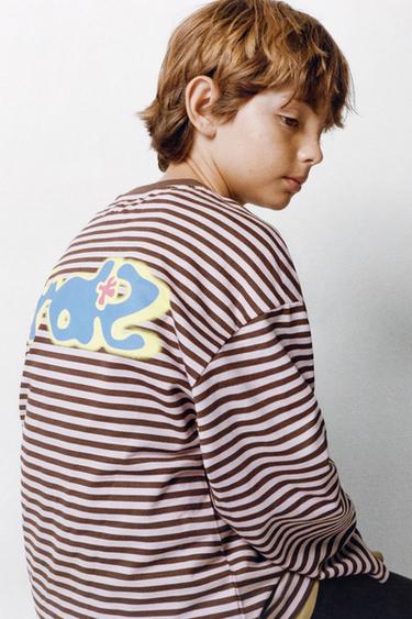 Zara STRIPED EMBROIDERED TEXT T-SHIRT - Pink