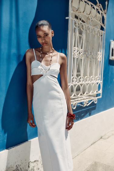 Zara Z1975 CUT OUT DENIM MIDI DRESS - White