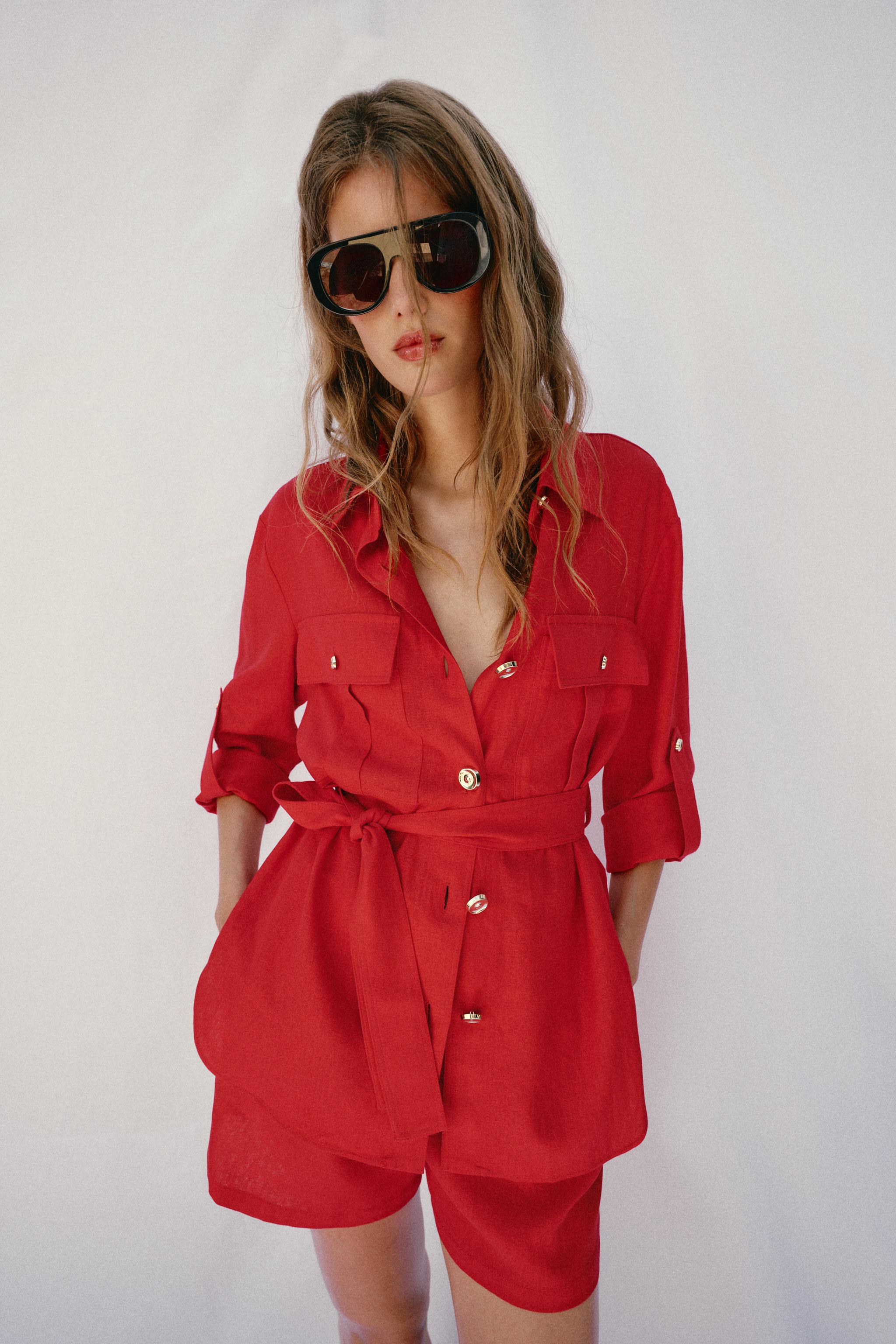 LINEN BELTED SAFARI JACKET — Red