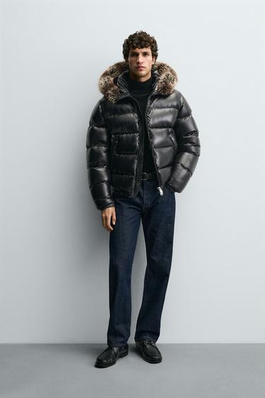Zara 100% FEATHER PUFFER JACKET WITH HOODIE - Black - Image 0