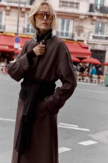 COAT WITH COMBINED LEATHER EFFECT COLLAR - Brown by Zara - Image 9