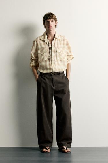 Zara RELAXED-FIT PLAID SHIRT WITH POCKETS - Sand - Image 0