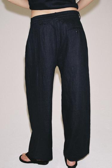 100% LINEN PLEATED PANTS ZW COLLECTION — Navy blue 2
