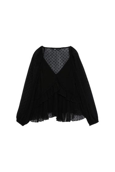 RUFFLED DOTTED MESH BLOUSE