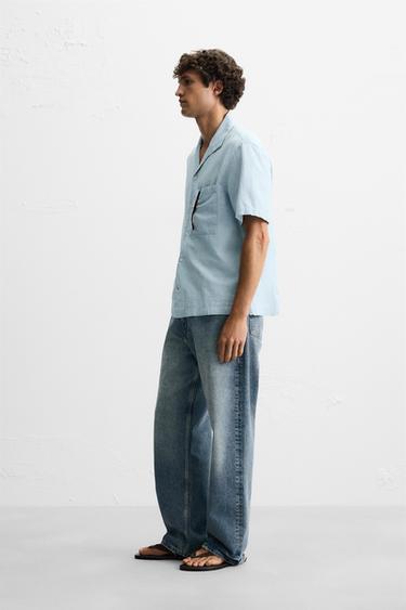 CHEMISE EN COTON ET LIN - Bleu clair de Zara - Image 3