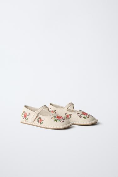 EMBROIDERED RAMIE BALLERINA FLATS - Ecru White by Zara
