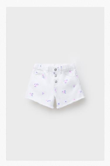 BERMUDA CINTURA ALTA SARJA FLORES - Branco da Zara