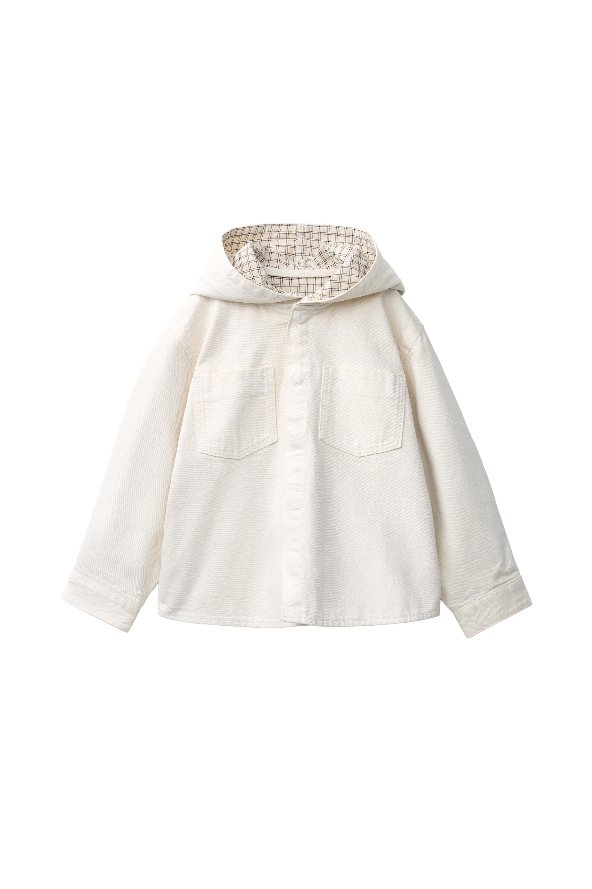 フード付きチェック柄ツイルシャツジャケット - エクリュ | ZARA Japan