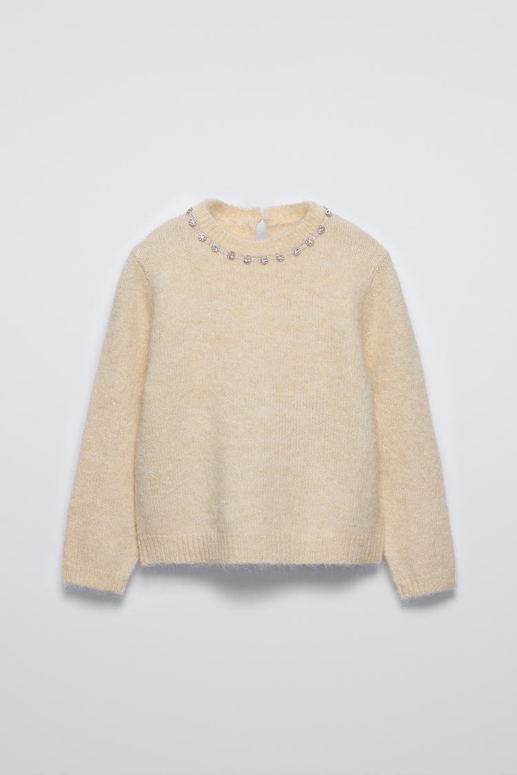 Round Neck Long Sleeve Pearl Knit Sweater
