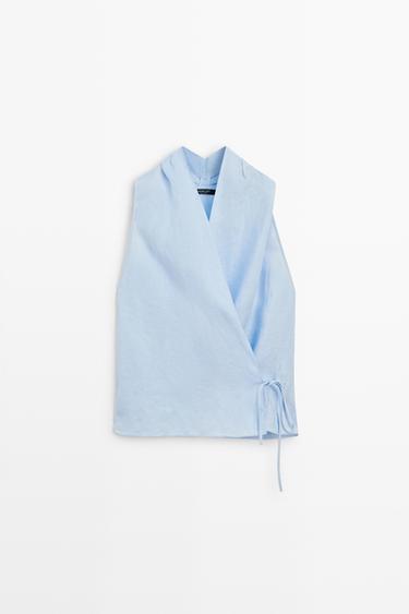 Zara 100% linen halter top with tie detail - Sky blue - Image 0