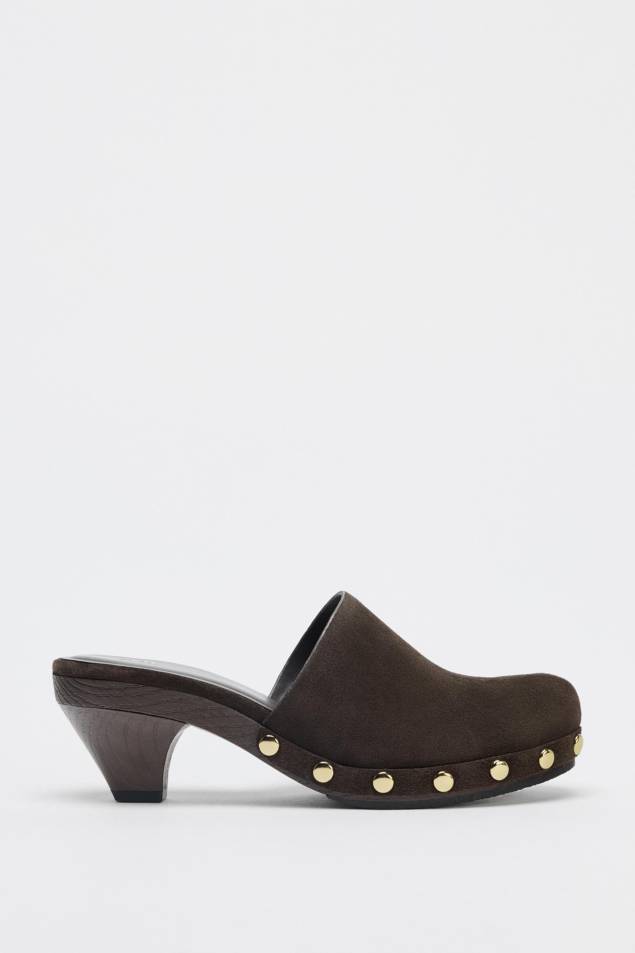 SPLIT LEATHER STUDDED KITTEN CLOGS - Brown | ZARA United States