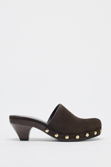 Zara SPLIT LEATHER STUDDED KITTEN CLOGS - Brown - Image 0