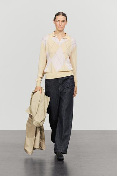 Zara Argyle knit polo sweater - Yellow - Image 0