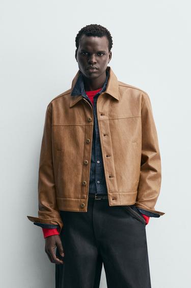 REGULAR FIT LEATHER EFFECT OVERSHIRT - camel by Zara