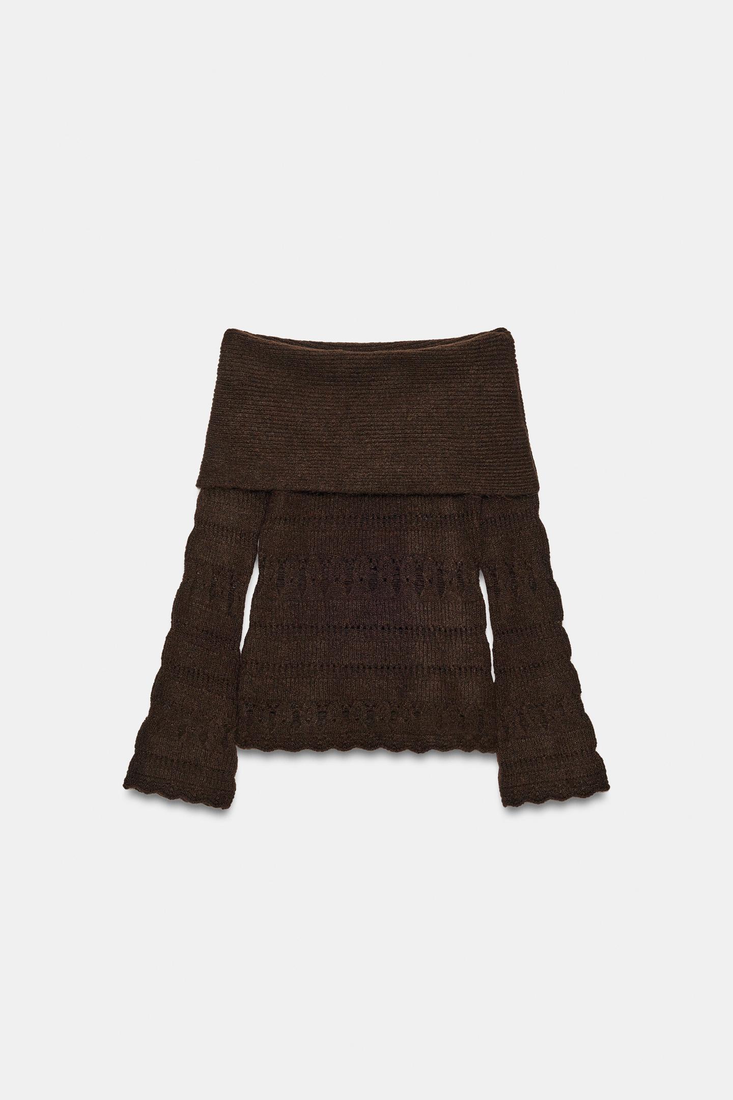 Женский свитер Zara Off-The-Shoulder Openwork Jumper, цвет: Шоколадный — фото 6