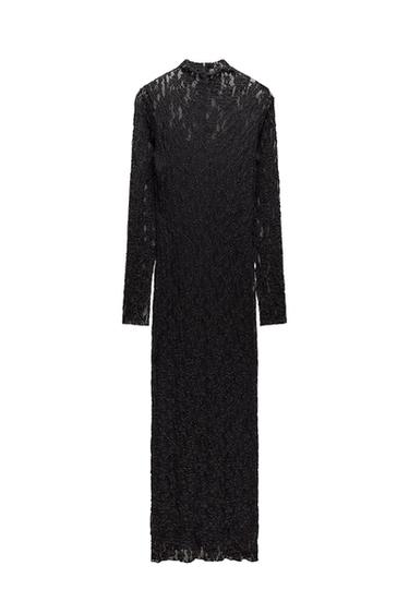 High collar midi dress with long sleeves. Tonal interior lining. Back hidden in-seam zip closure.