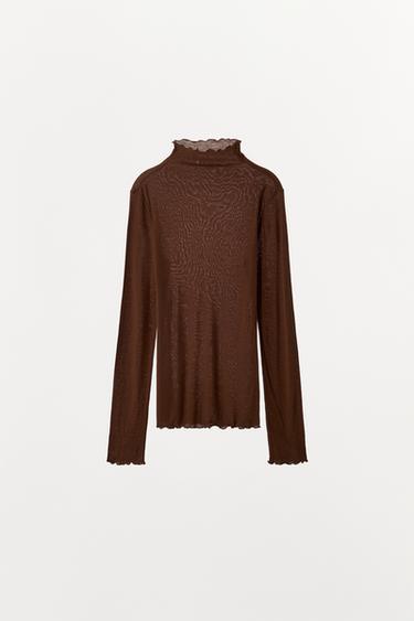 Zara JEDNOBOJNA MAJICA SA LIOCELOM – Smeđa