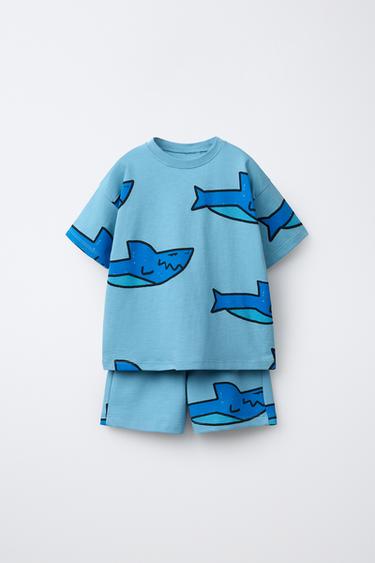 Zara SHARK PRINT T-SHIRT AND BERMUDA SET - Blue / Indigo