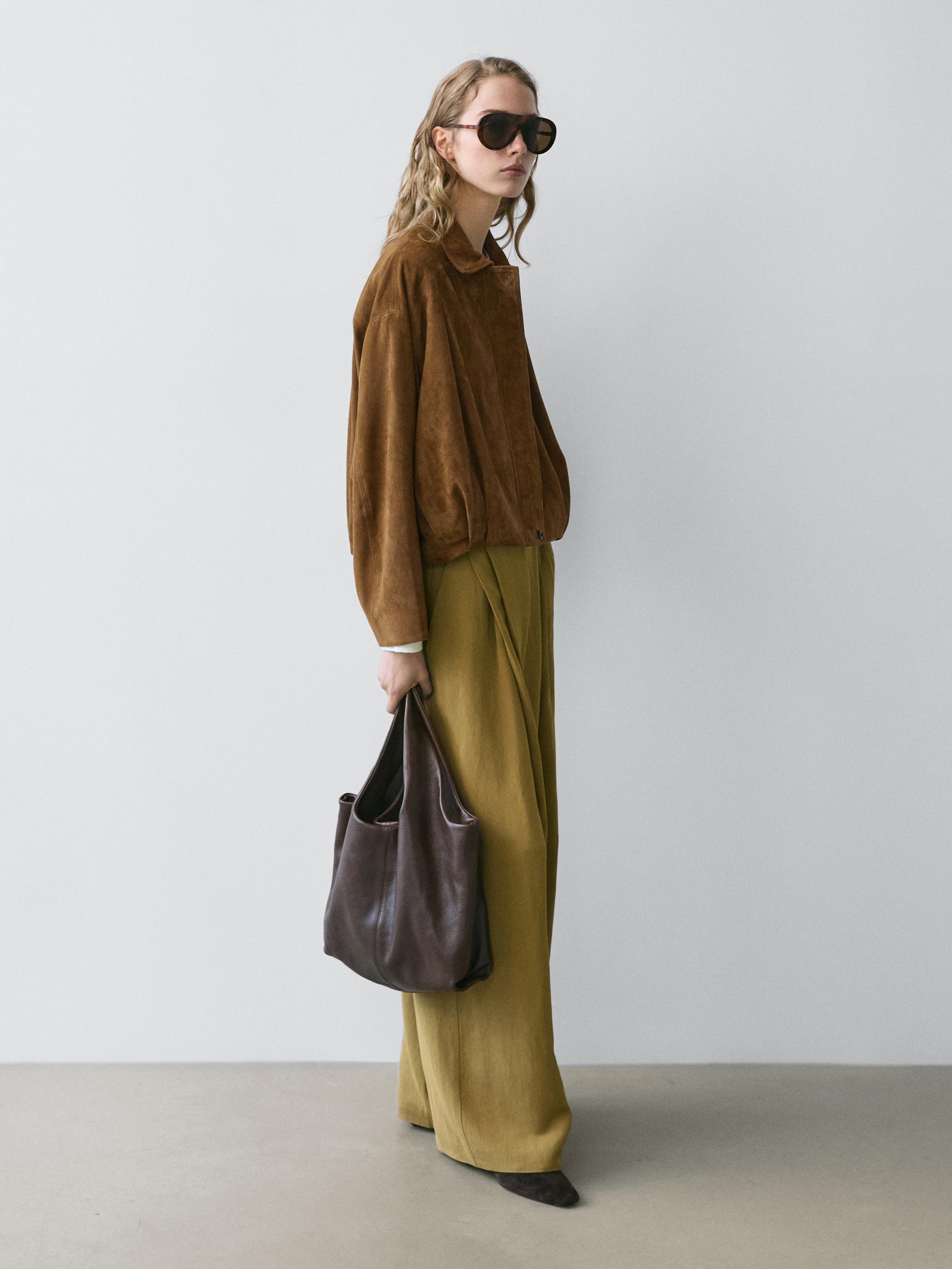 Blouson court bomber en cuir effet daim
