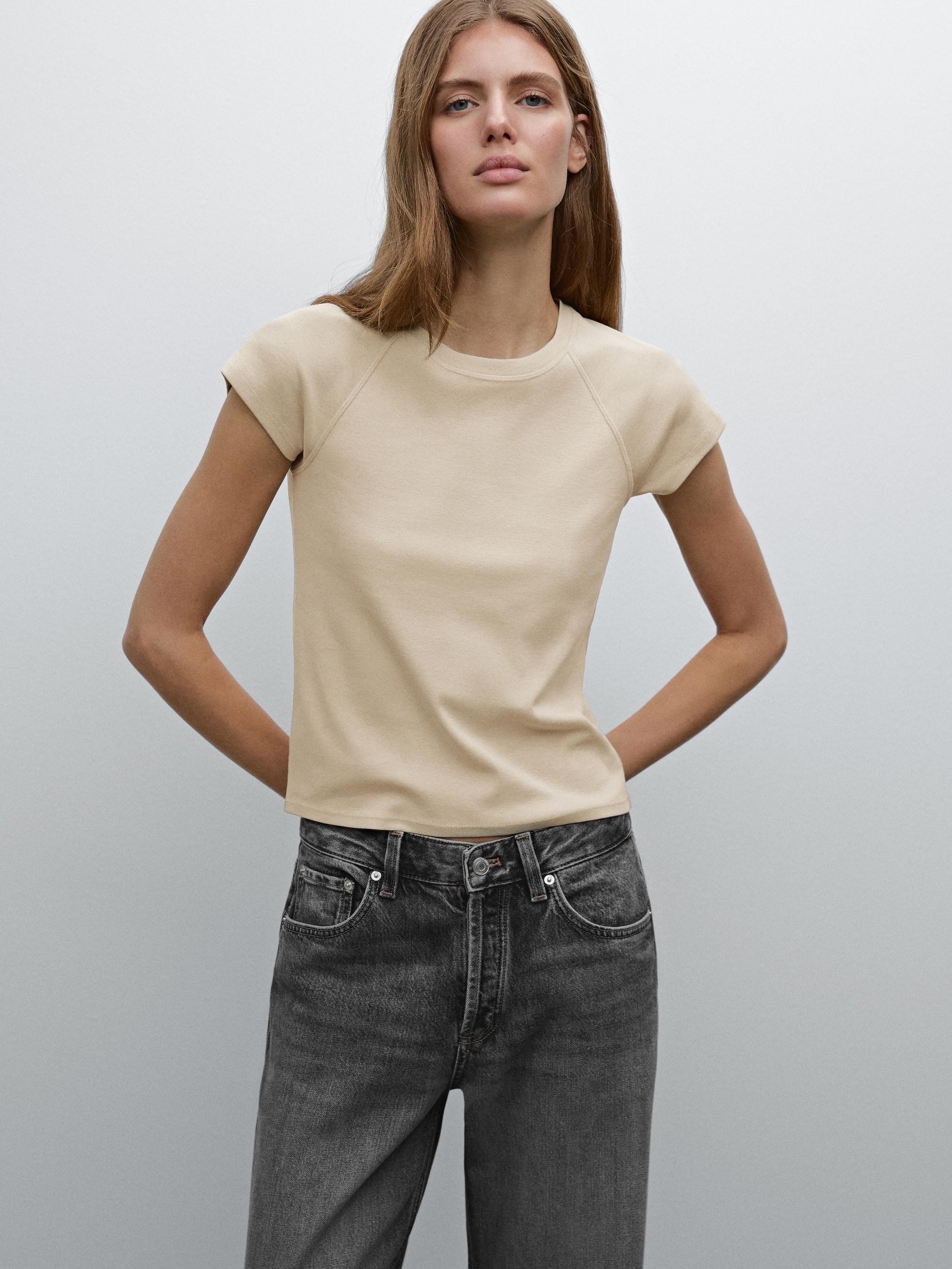 Slim fit raglan sleeve cotton T-shirt - Stone | ZARA United