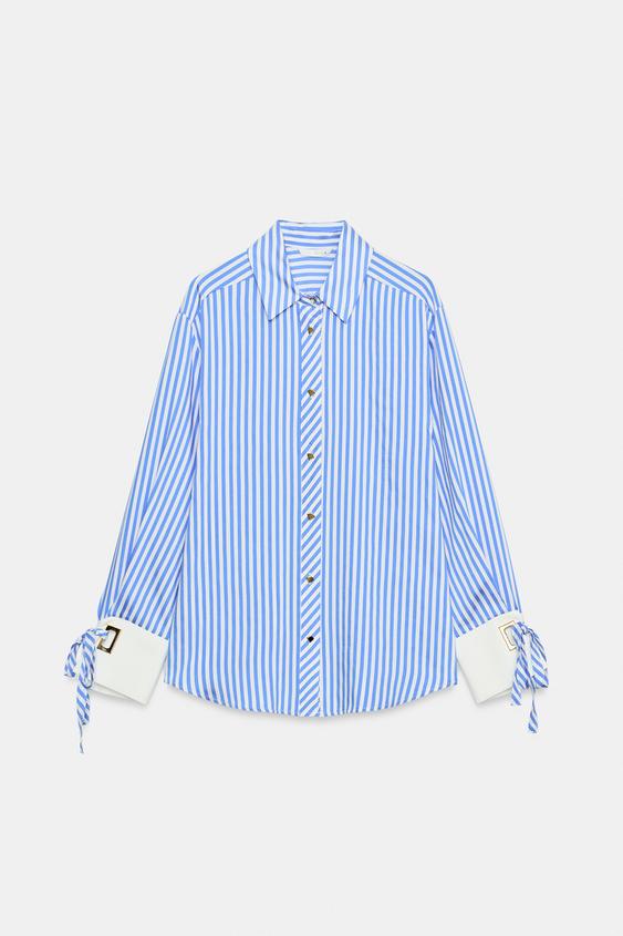 CHEMISE À RAYURES ET LACETS - Bleu / Blanc de Zara - Image 6