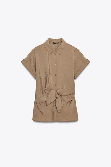 CAMISA NUDO MANGA CORTA - Marrón / Topo de Zara