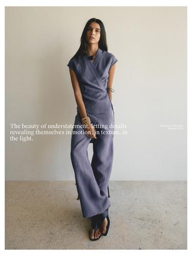 Zara 100% linen high-waist trousers - Blue