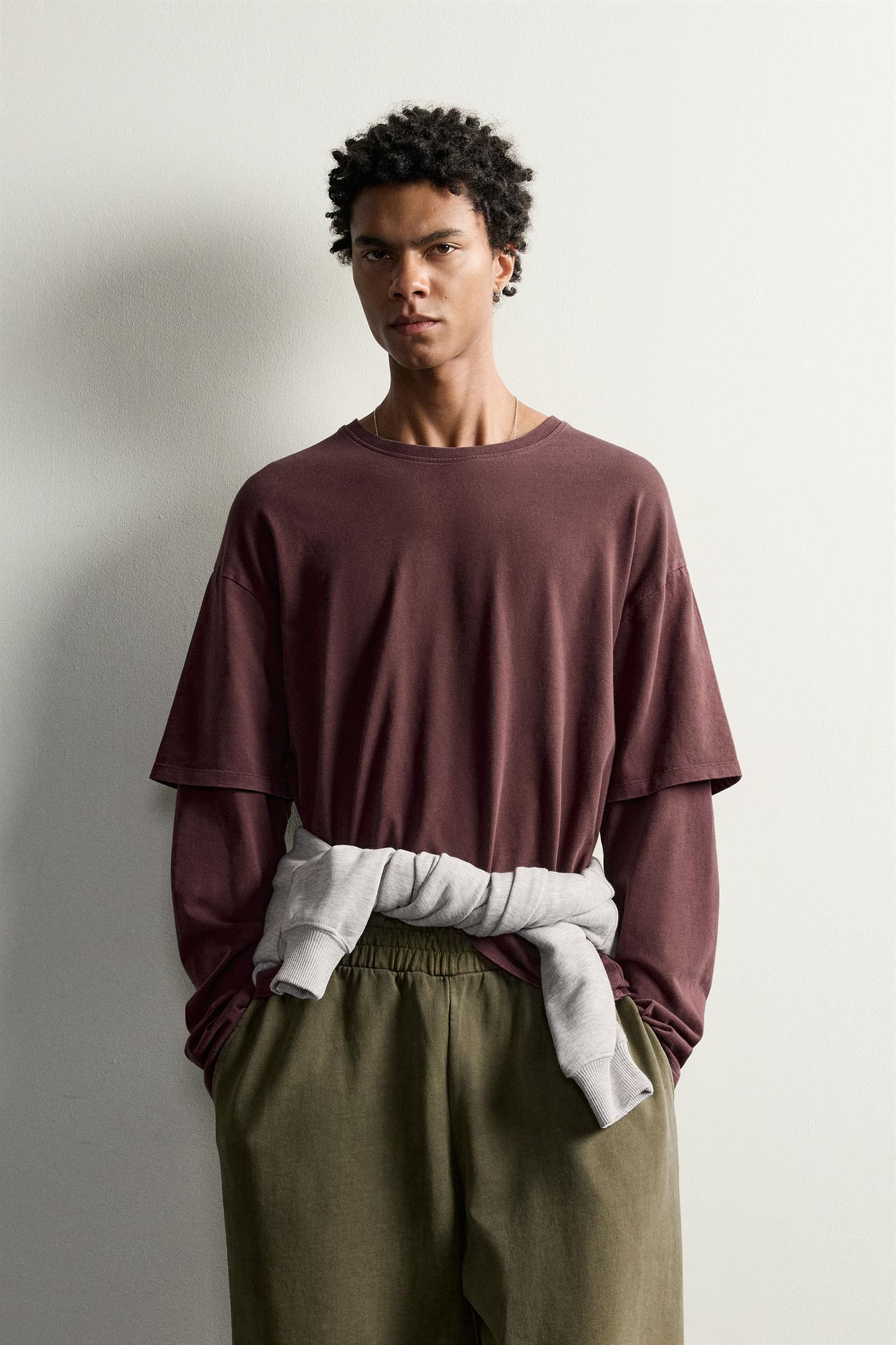 Мужская футболка Zara Layered Effect Long Sleeve, цвет: Бордовый — фото 2