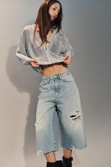 SHORT EN JEAN TRF DÉCHIRÉ TAILLE MOYENNE - Bleu clair de Zara