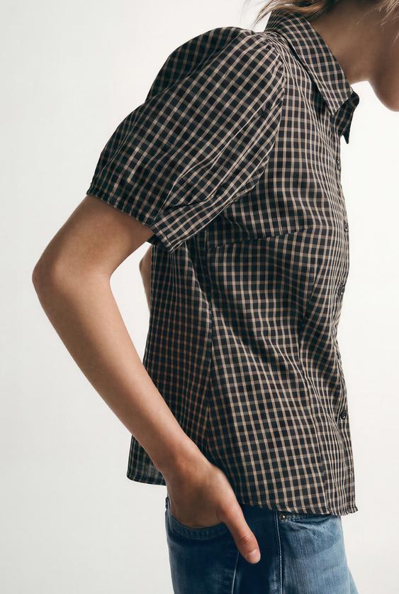 CAMISA CUADROS MANGA CORTA - Marrón / Verde de Zara - Imagen 0