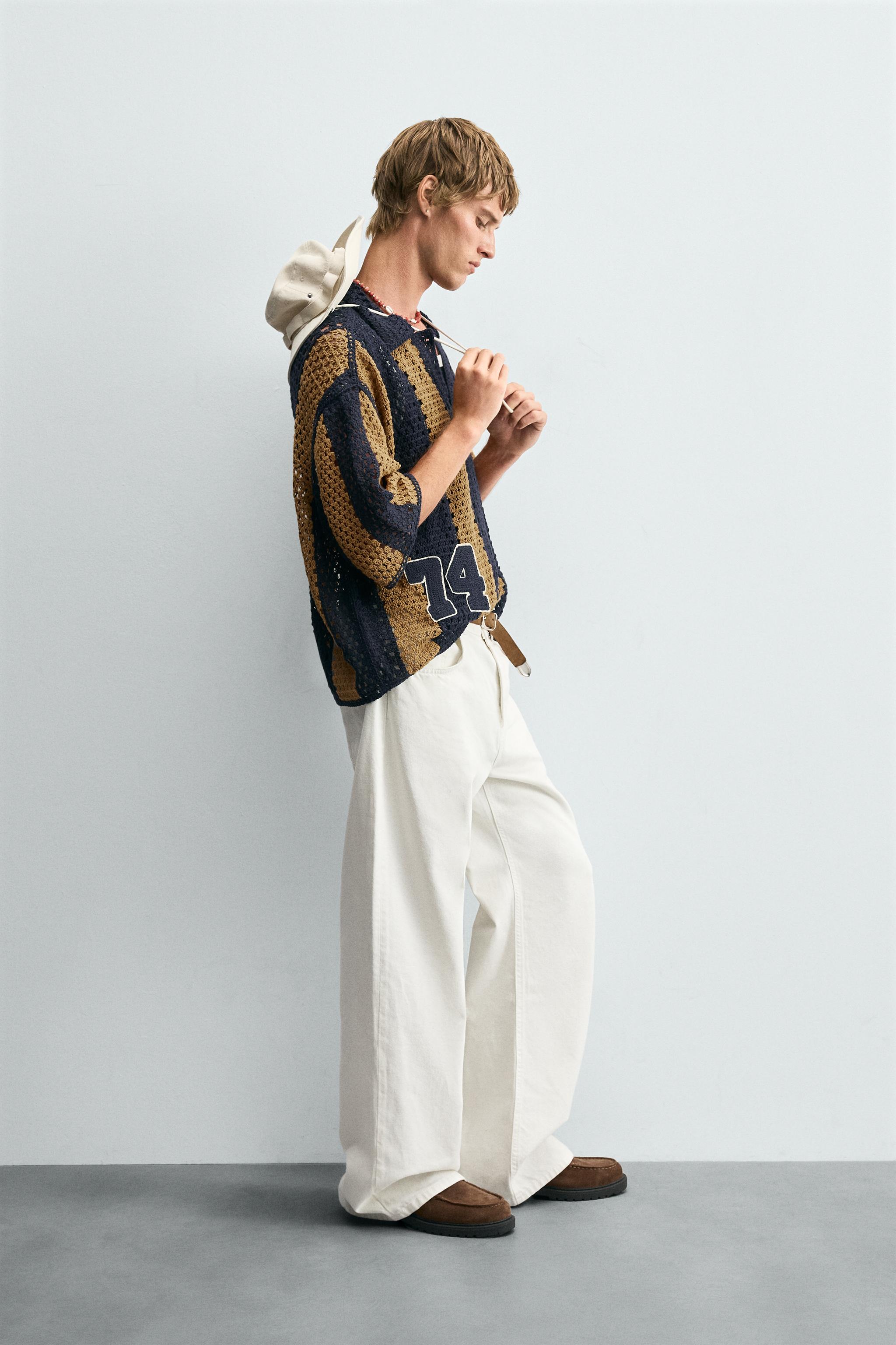 【新品】 ZARA クロシェ　メッシュ　ニット　オープンカラーシャツ　XL 新品】 ZARA クロシェ メッシュ ニット オープンカラーシャツ XL
