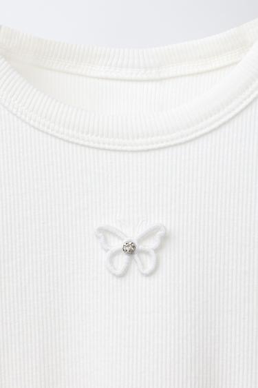 T-SHIRT CÔTELÉ APPLIQUÉ BIJOUX - Blanc de Zara - Image 2