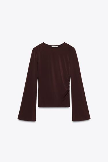 LONG SLEEVE GATHERED T-SHIRT - Brown by Zara
