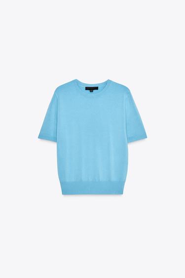 ベーシック プレーンニット ショートスリーブトップスライトブルーZaraのベーシック プレーンニット ショートスリーブトップス - ライトブルー 