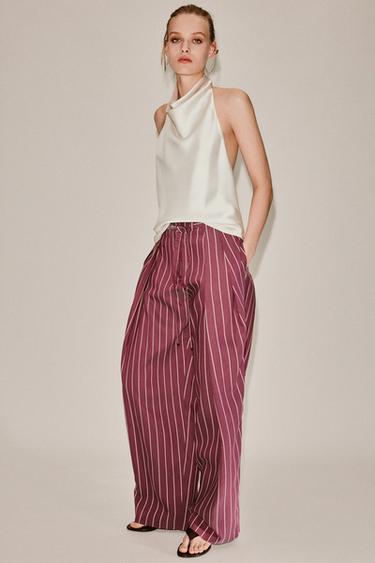 STRIPED PLEATED TROUSERS - Burgundy by Zara
