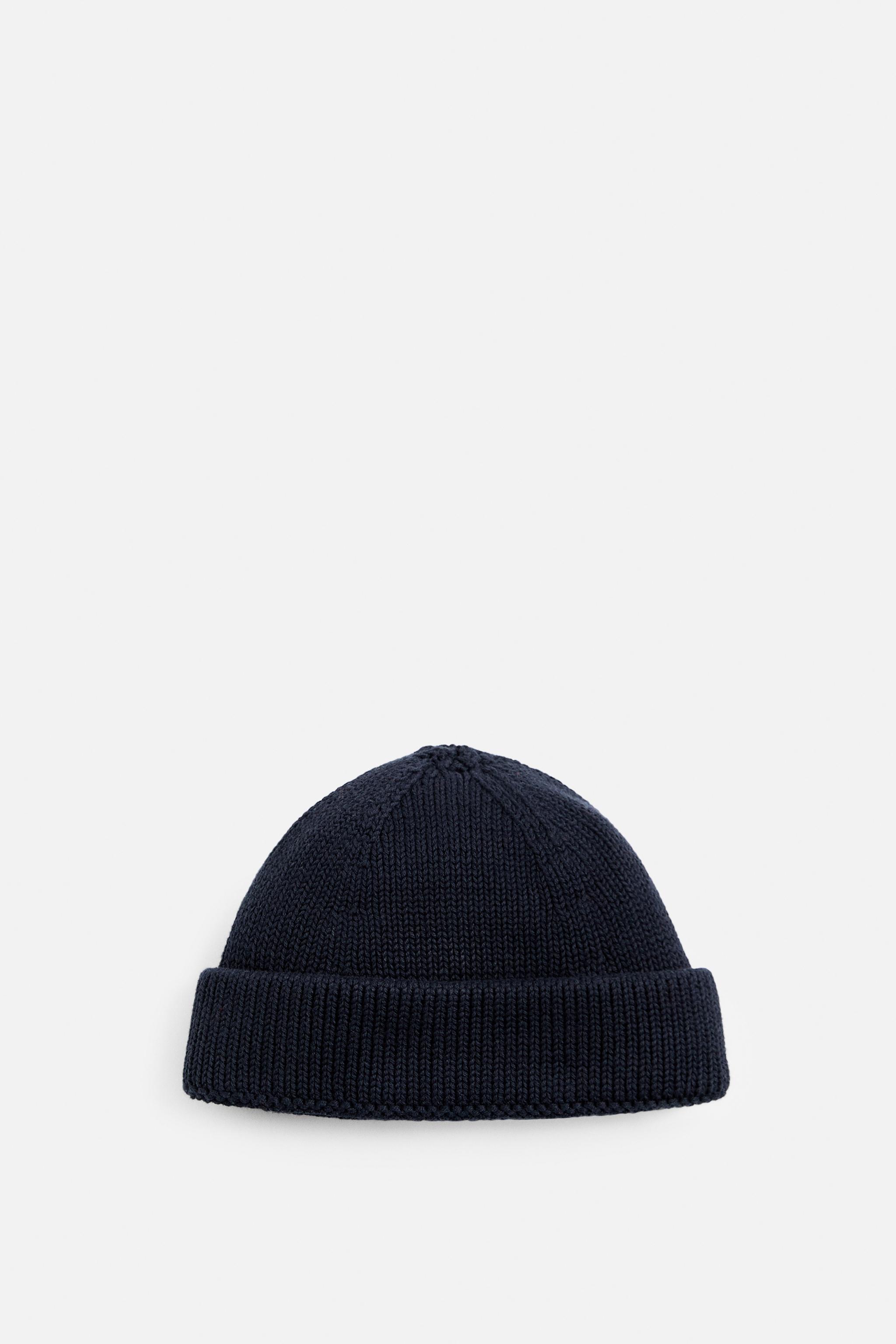 Winter Hat Zara Pom Pom Hat SHORT KNIT HAT Navy Blue ZARA United