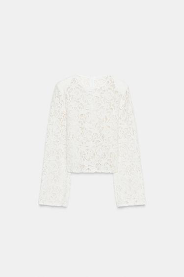 LACE TOP WITH SHOULDER PADS - Oyster-white by Zara