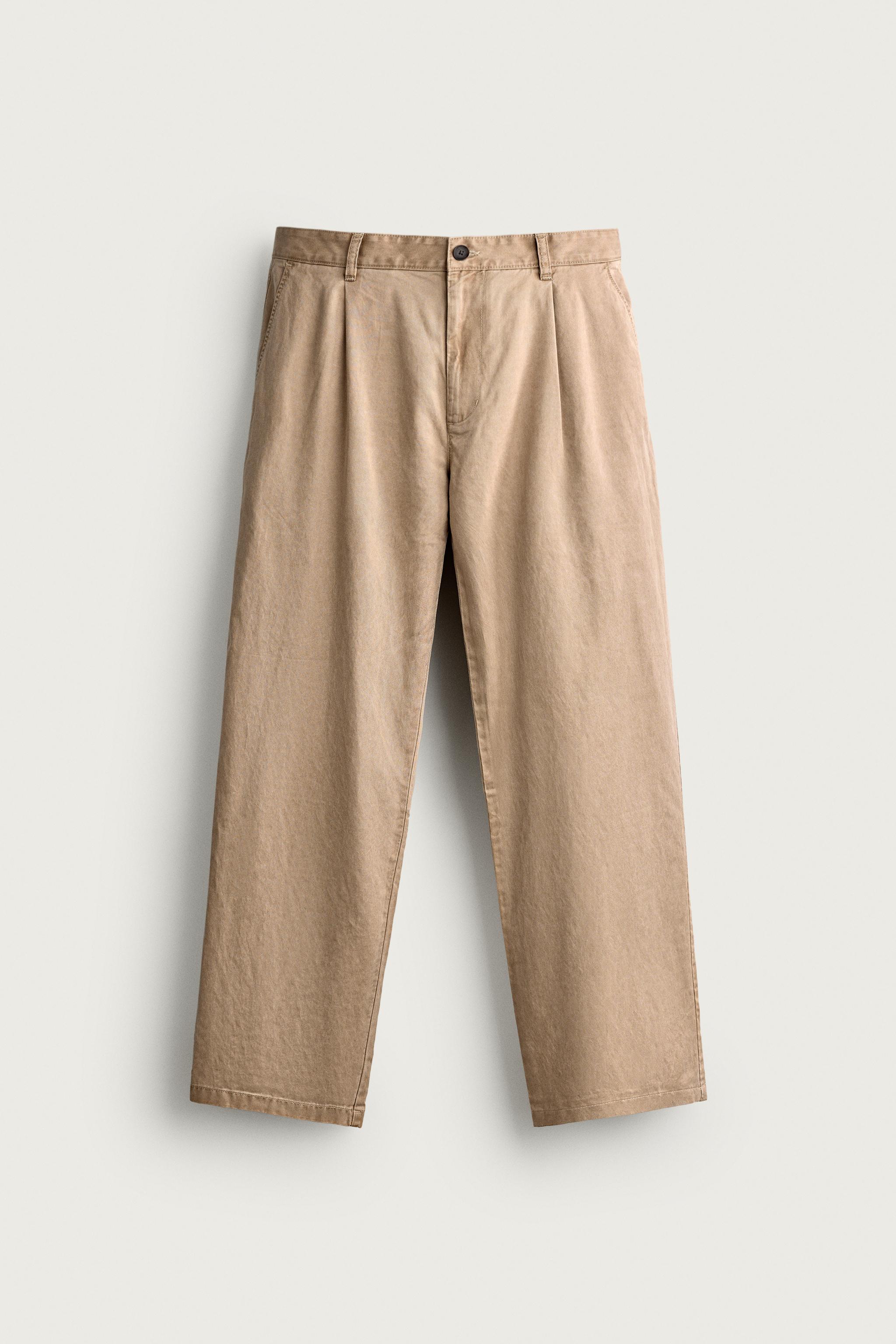 RELAXED FIT PLEATED CHINO PANTS — Beige