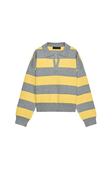 Front view of a multicolored sweater with gray and yellow stripes, polo neck, V-neck, long sleeves, and rib trim.