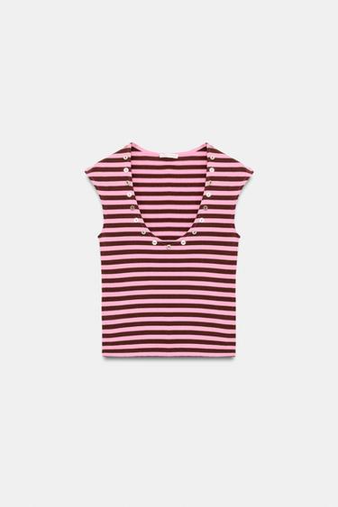 STRIPED BUTTON-DETAIL TOP - Pink by Zara - Image 4