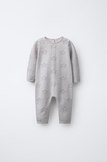 Zara LONG KNIT JUMPSUIT WITH EMBROIDERED STARS - Light gray