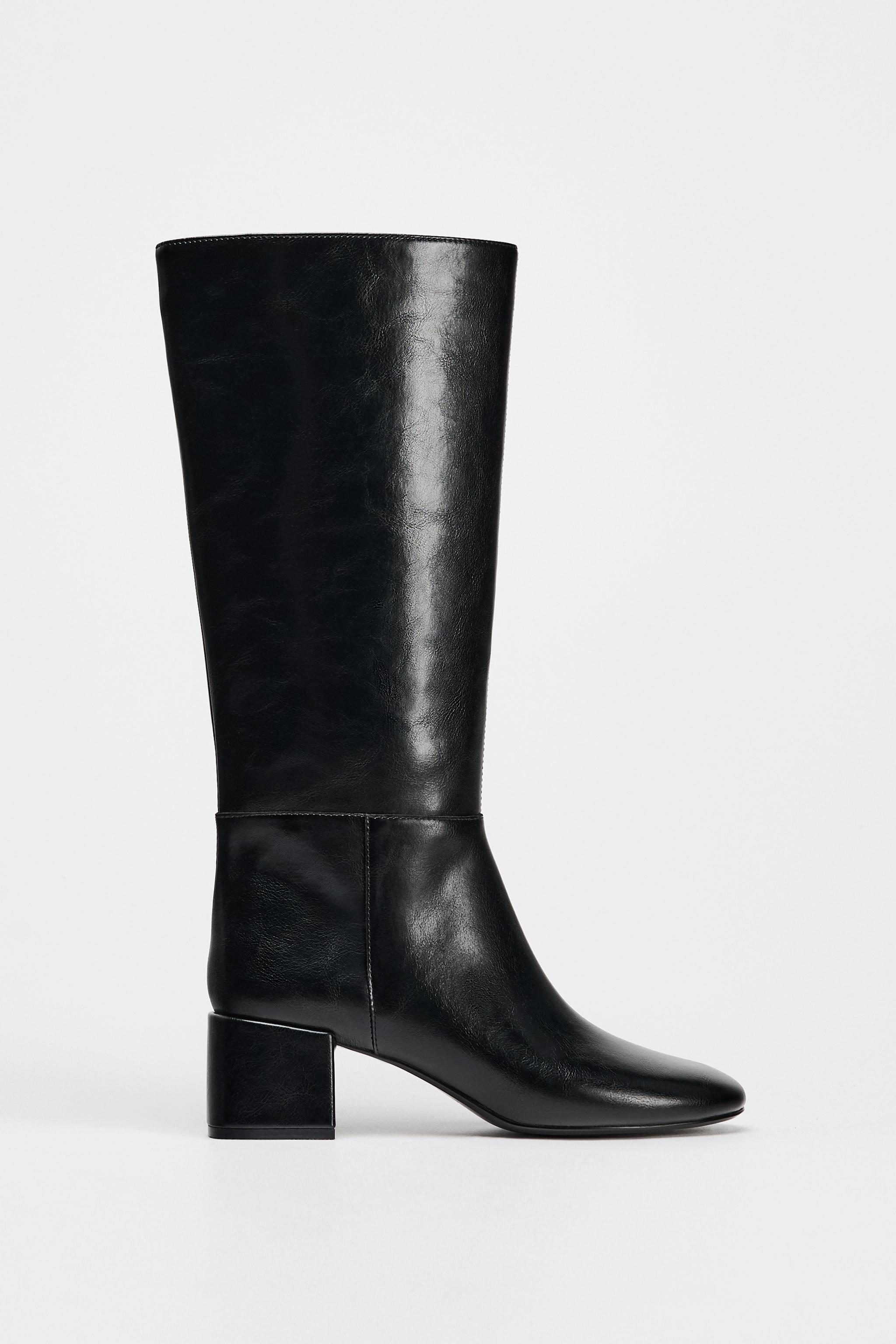 Zara Wide Heeled Topstitched Boots Black Women