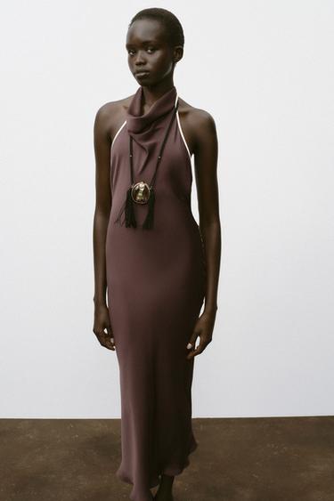 Zara CONTRAST PIPED SATIN MIDI DRESS - Brown