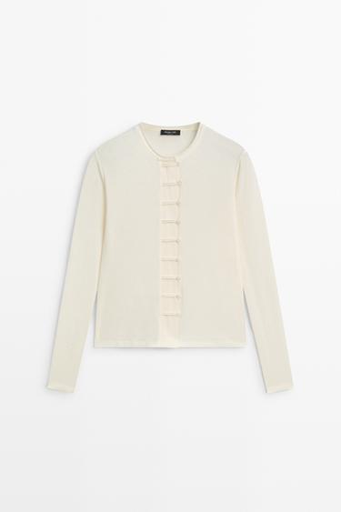 Cotton blend T-shirt with button detail — Ecru 1