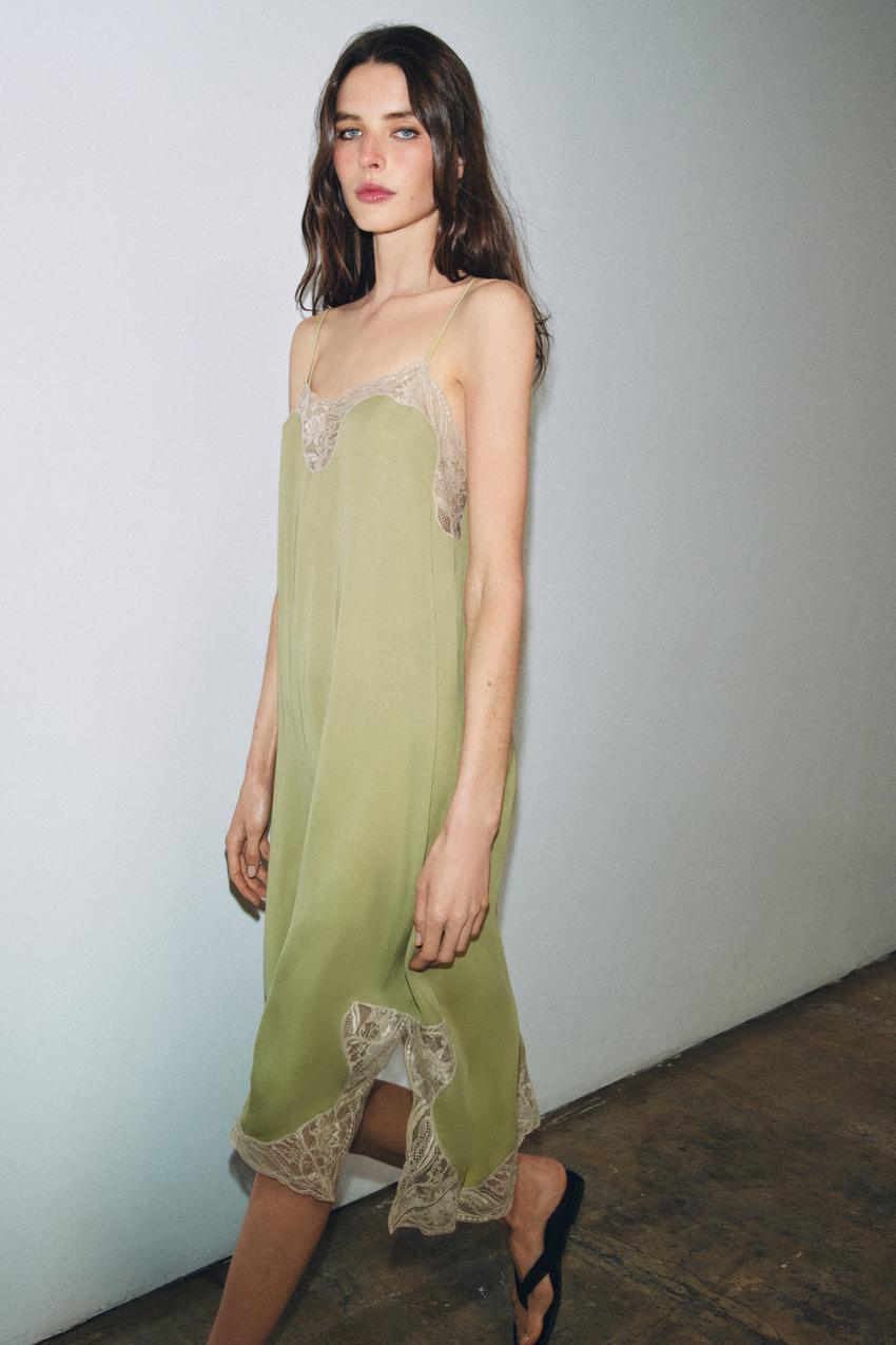 Zara - Zw Collection Satin Lace Dress - Pistachio - Xl - Woman Zara - Zw Collection Satin Lace Dress - Pistachio - Xl - Woman