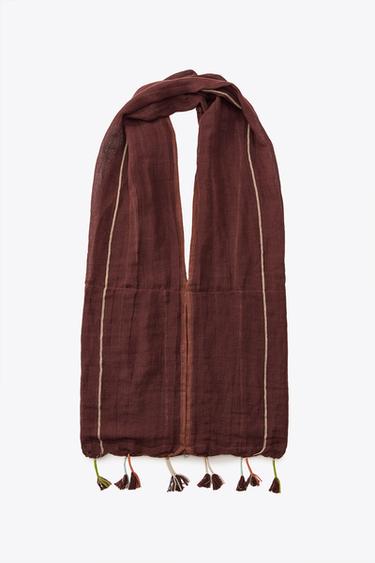 FRINGED LINEN BLEND SCARF BAG - Brown by Zara - Image 4